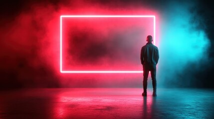 Fototapeta premium A silhouette of a person stands in front of a vibrant neon background, urging contemplation and connection with modernity, creating a striking visual impact filled with emotion.