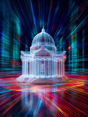 Neon digital rendering of a historic domed government building with vibrant light streaks radiating outward