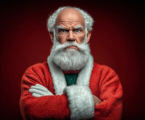 angry santa claus posing against dark red wallpaper. Season greetings concept	

