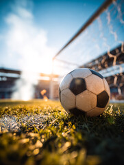 Soccer ball on a grassy field at sunset in a stadium