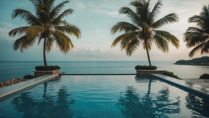 Beautiful swimming pool with coconut palm trees and sea background - concept with blank space for text