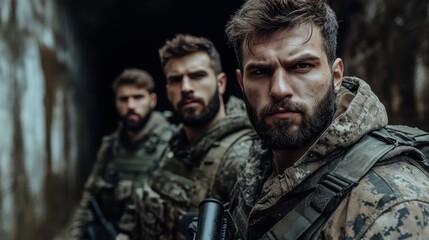 Fototapeta premium Three soldiers in camouflage uniforms exude determination and camaraderie, set against a gritty backdrop, emphasizing strength, bravery, and military readiness.
