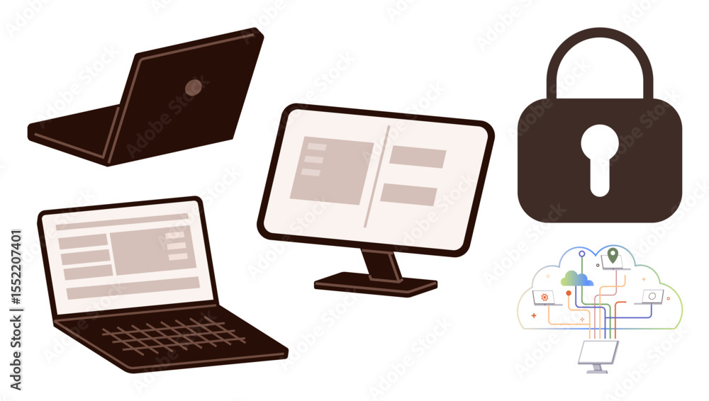 Poster laptop, desktop, and cloud with interconnected lines, alongside a lock symbol emphasizing data prote
