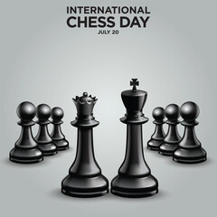 Internationainternational Chess Day 20 july 2024 .. Chess King and Queen with Pawn In Black Color.eps strategic, decision, leader, win, tower, object, isolated, design, checkmate, leadership, wooden, 