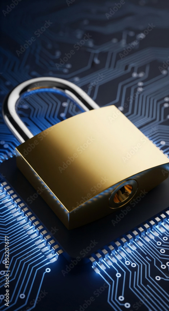 Fototapete gold padlock on illuminated circuit board, symbolizing digital security and data protection, ideal f