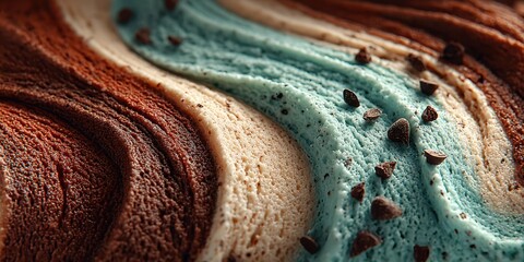 Swirls of ice cream in chocolate and mint flavors with chocolate chips on a warm summer day