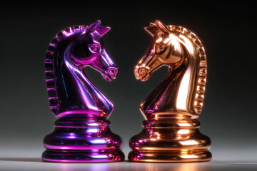 Two metallic chess knight sculptures in purple and bronze colors with reflective surfaces on a dark background