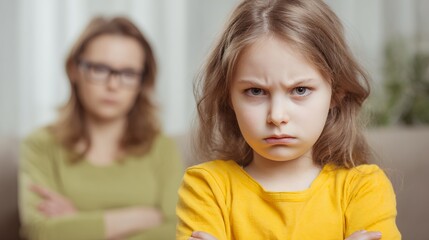parent child conflict emotional tension yellow sweater defiant expression domestic disagreement