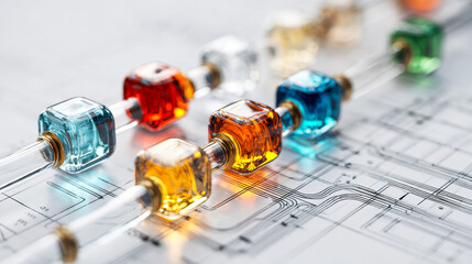 Colorful glass beads on electrical wiring diagram with blueprints background