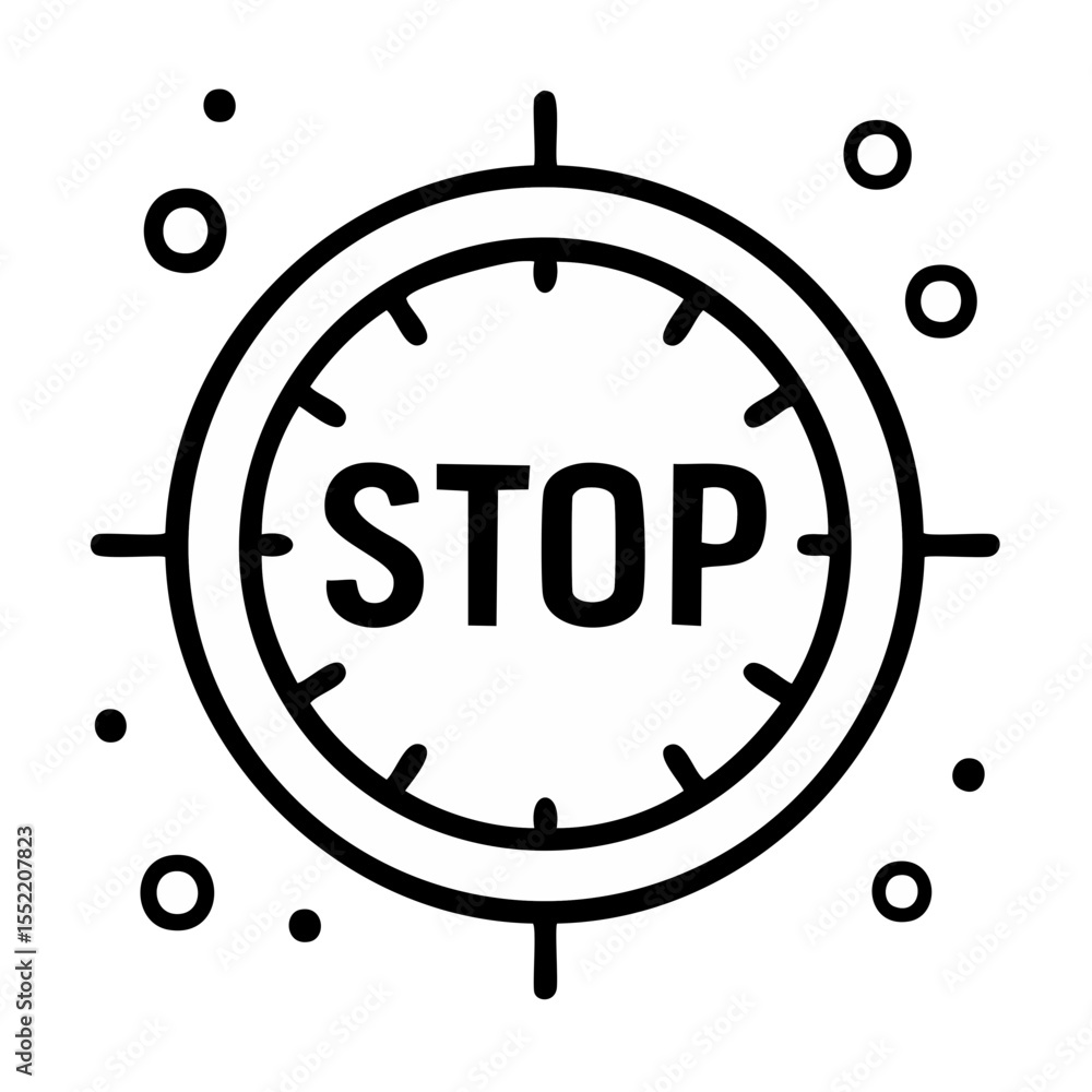 Poster stop sign icon in circular frame with clock tick marks and punctuation