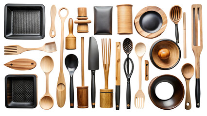 Wooden and Black Kitchen Utensils Flatlay – Modern Cooking Tools on Pure White Background

