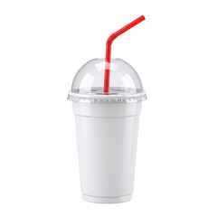 Disposable plastic cup with dome lid and straw, isolated on transparent background
