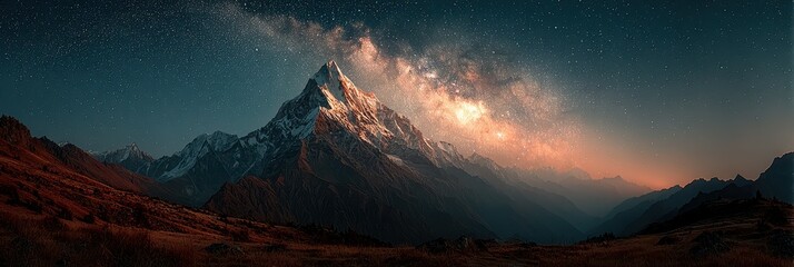 Majestic mountain peak illuminated by stars and the Milky Way at night in a remote location