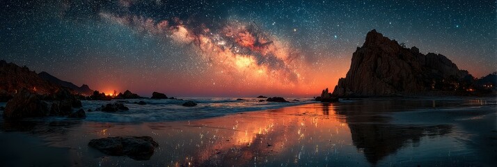 Stunning night sky over the ocean with the Milky Way shining brightly at a remote beach location in the evening