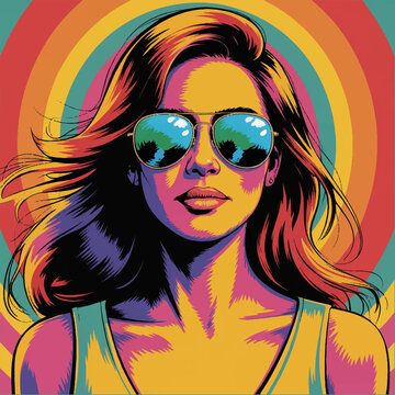Colorful bright illustration of a glamorous girl in sunglasses in the style of the 80s. Vector graphics. EPS.