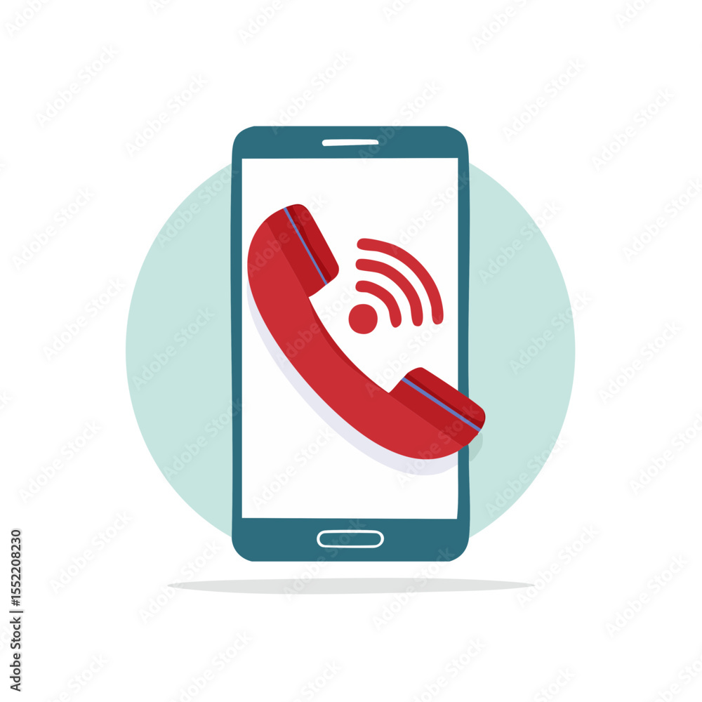 Poster smartphone app showing red handset and signal icon for incoming call notification vector graphic