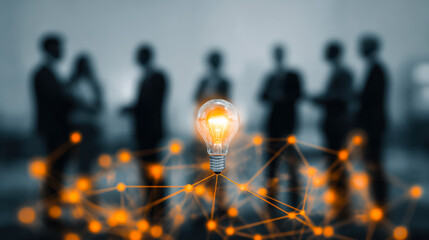 Illuminated light bulb with interconnected digital network and business people in background