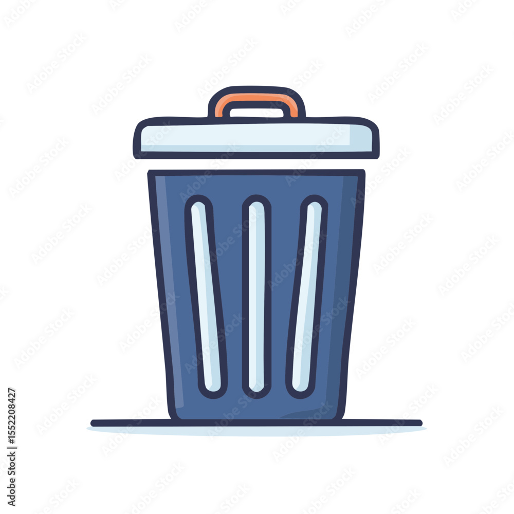 Poster blue trash can vector illustration with a handle and white stripes on a black background for graphic