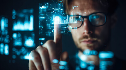 A man with glasses interacting with digital data visualizations and graphs in a futuristic tech environment