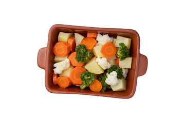 Cooked vegetables in a plate isolated over white background