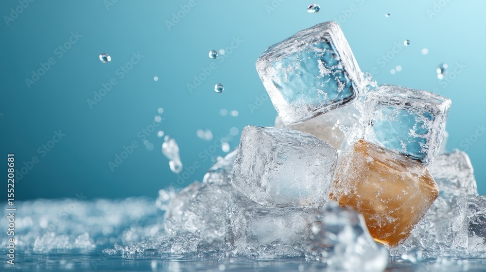 Poster a striking image showcasing glimmering ice cubes splashing amidst a bright blue backdrop, emphasizin