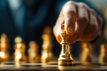 Hand moving a gold chess king piece on a chessboard during a game
