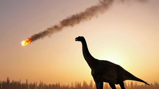 Dinosaur watching meteor fall during extinction event. Extinction representation, natural disaster, prehistoric life.