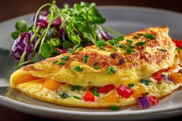 A perfectly cooked omelet filled with colorful vegetables sits next to a side of vibrant greens, highlighting a breakfast delight