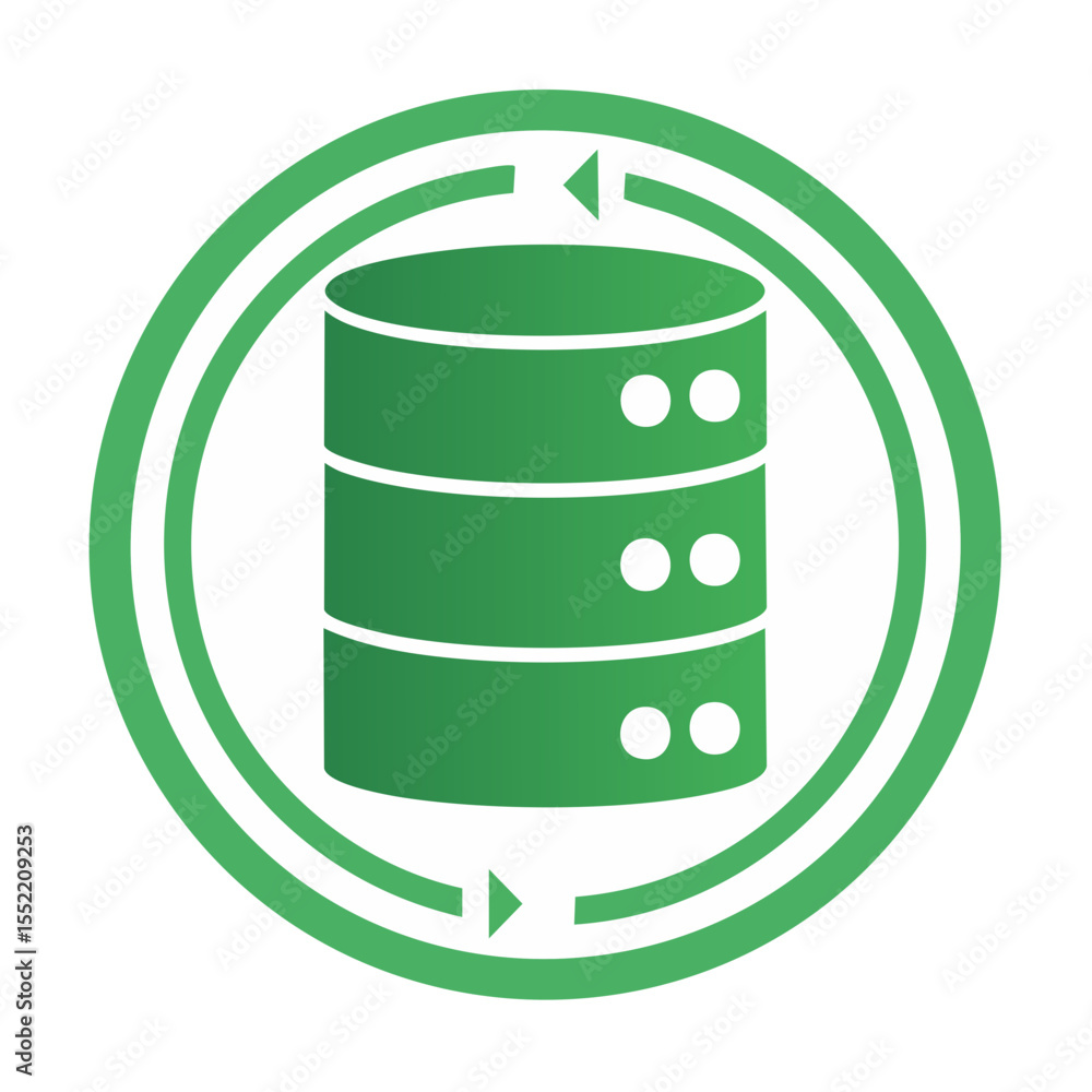 Poster green database server icon with circular arrow refresh symbol for backup and data management