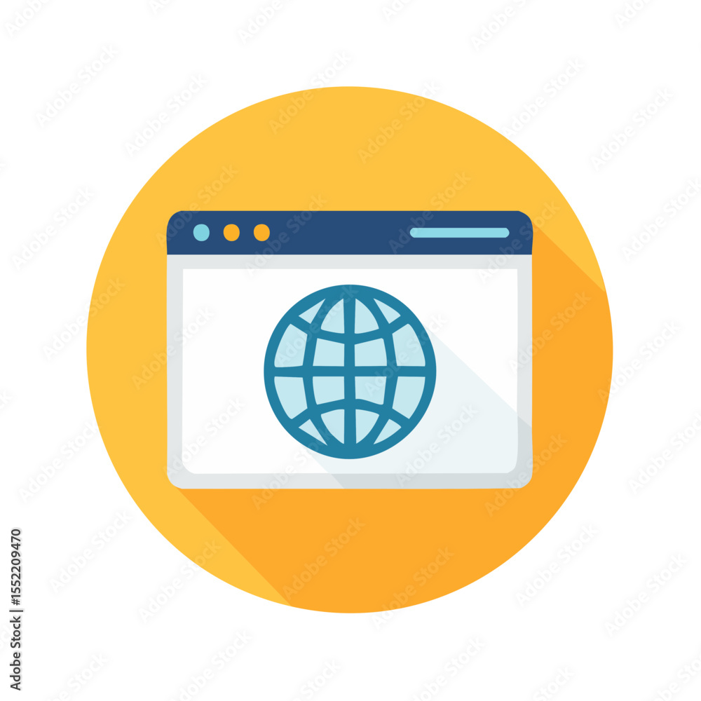 Poster web browser window displaying globe icon on orange circular background flat illustration