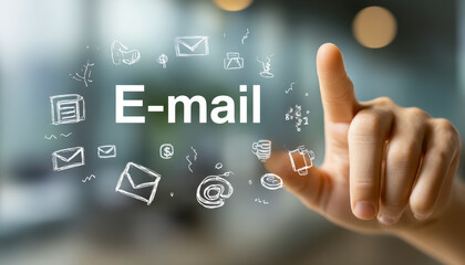 Digital hand pointing at e-mail concept with icons representing communication and messaging