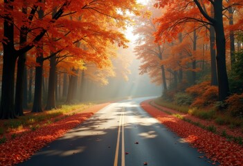 empty asphalt road through colorful autumn forest spectrum vibrant foliage pathway tranquil journey nature scenery, colors, trees, leaves, landscape