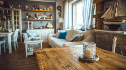 Cozy seaside-themed living room with wooden furniture and nautical decor