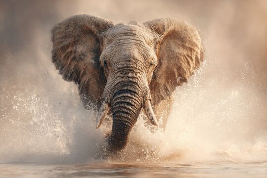 An elephant is charging through shallow water, splashing and creating a dramatic scene in the golden light of sunset