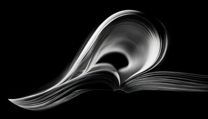 Abstract black and white swirling shape resembling an open book or pages in motion