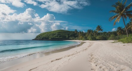 Beautiful sandy beach on an uninhabited island in the ocean with empty space for text