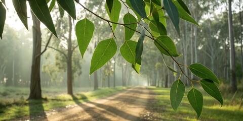 Fototapeta premium Eucalyptus Leaves Over Misty Forest Road, Nature, Sunlight