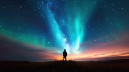 Fototapeta premium A lone person stands silhouetted against a mesmerizing aurora borealis, showcasing the breathtaking colors of the night sky and evoking feelings of wonder and awe.