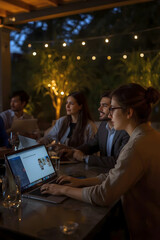 Young entrepreneurs with laptops during an outdoor corporate training with warm lights and a relaxed atmosphere.