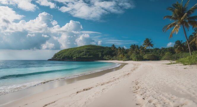 Beautiful sandy beach on an uninhabited island in the ocean with empty space for text