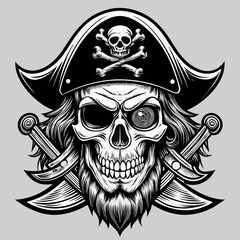 Fototapeta premium Fierce pirate skull with crossed swords and jolly roger hat
