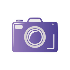 Purple camera illustration with lens against dark backdrop for photography themes.