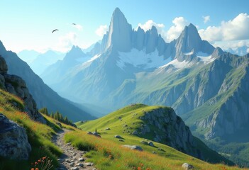 Obraz premium expansive mountain range winding hiking trails scenic adventure nature outdoor exploration landscape, ridge, terrain, peak, viewpoint, experience, highland