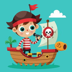 Cute cartoon pirate boy with spyglass on a ship with skull flag and cannon
