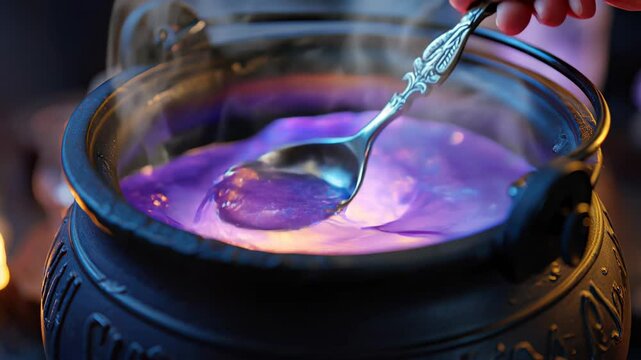 Bubbling magical potion in cauldron with glowing light in a mystical halloween scene.