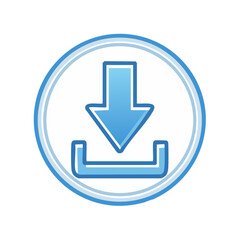 Download button with arrow symbol for installing software data and files from the internet in blue on white background