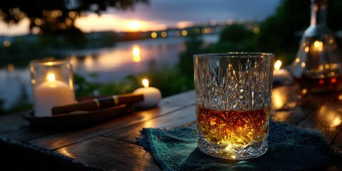 Enjoying a sunset by the riverside with a glass of amber drink and candlelight ambiance