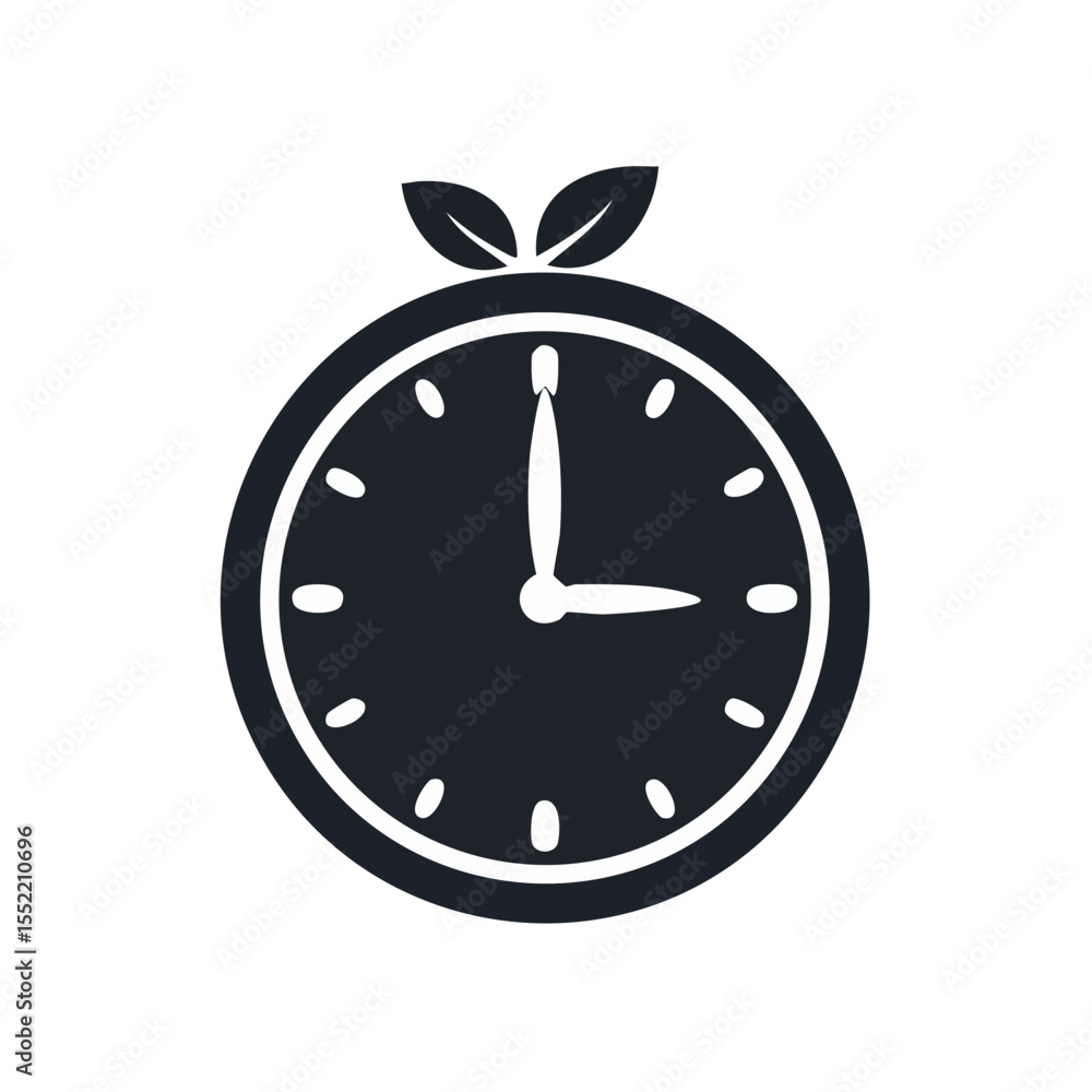 Poster stylized clock with leaves showing the time on black background vector icon