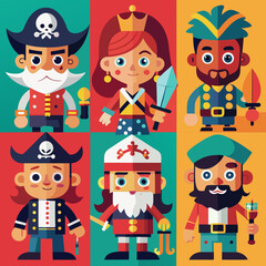 Six colorful cartoon characters including pirates princess and soldiers in flat design