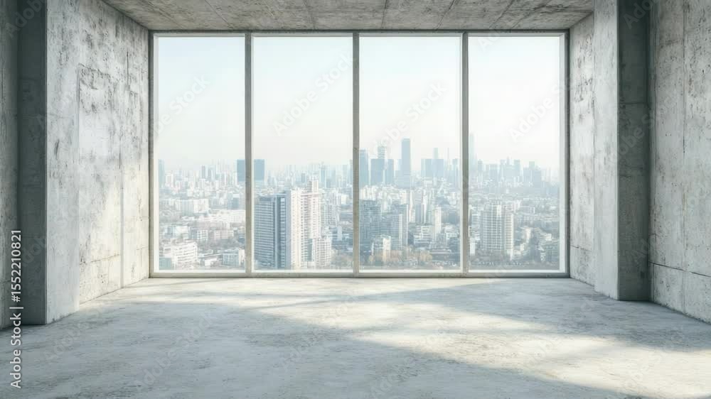 Poster a room with a large window showing a city view, perfect for interior design or architecture themes
